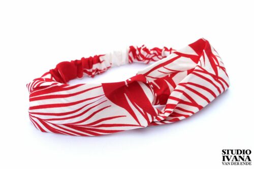 Haarband palmbladeren - rood met wit print.
